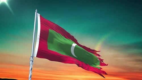 Animated Maldives Flag Waving in the Wind at Sunset