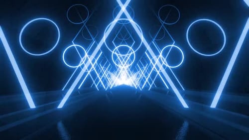 Futuristic tunnel with vibrant blue neon lights creating a modern aesthetic