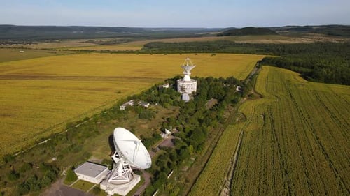 Aerial Panoramic View on the Space Communication Station with Large Size Antenna Drone is Flying