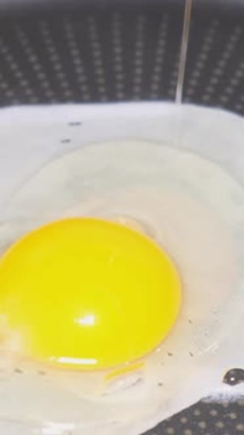 Closeup of a Chicken Egg Falling Into a Frying Pan Cooking Scrambled Eggs Slow Motion Vertical Video