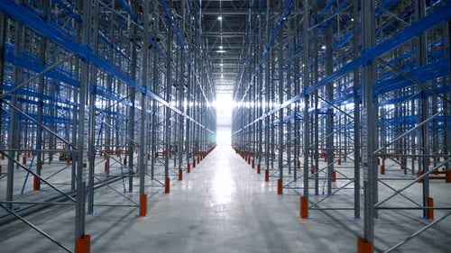 Wide View Empty Warehouse with Metal Shelves. Large Modern Industrial Building From