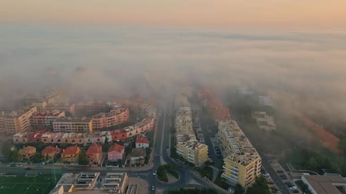 Aerial Calm Morning Town Covered Light Fog Panoramic Cloudy Horizon Over City