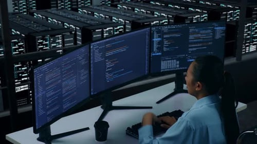 Seitenansicht einer asiatischen Entwicklerin, die beim Schreiben von Code im Rechenzentrum Kopfschmerzen hat