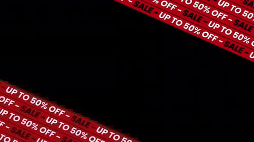 Animated Sale up to 50% off banner with moving red ribbon – seamless loop on transparent background.