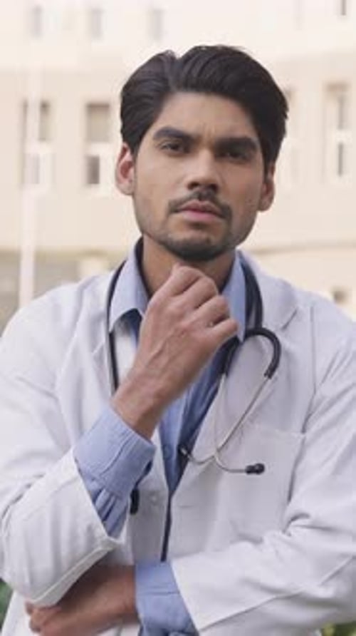 Young Doctor in Coat Stands Thoughtfully Outside Building