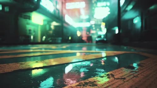 A City Street at Night with Lights Reflecting Off of the Wet Pavement