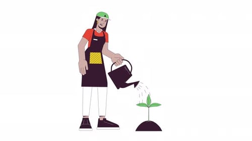 Happy arab woman watering plant line 2D character animation