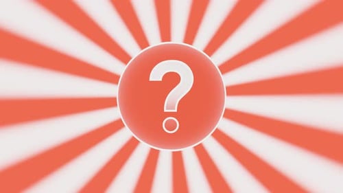 Ponto de interrogação vermelho cai em círculo com animação giratória de raios solares em quadrinhos