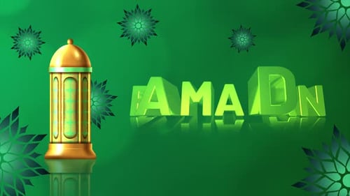 Dreidimensionaler Ramadan-Text zusammen mit Lampe und grünem Hintergrund
