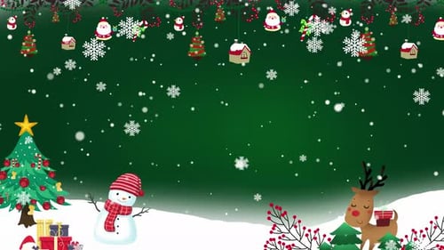 Falling Snow Christmas Background with Festive Decorations and Characters