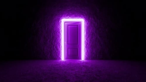 Glowing purple neon door opening to darkness