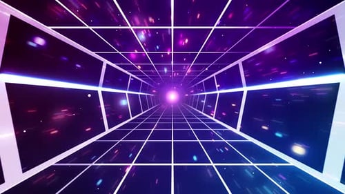 Seamless Retro Futuristic Grid Tunnel Loop with Neon Particles