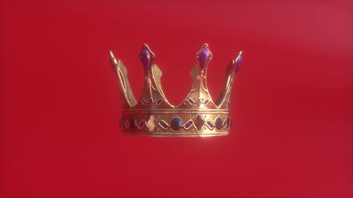 Coroa dourada girando sobre um fundo vermelho. Símbolo da monarquia