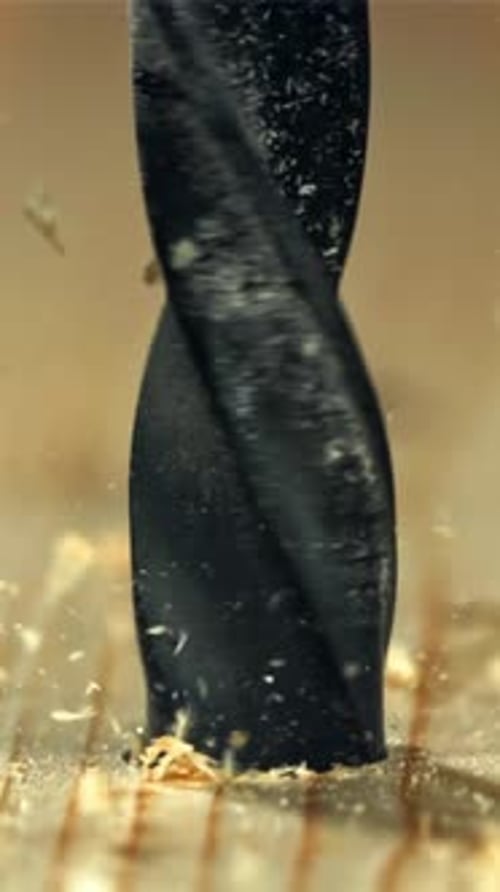 Drilling a Wooden Block in the Workshop Filmed on a Highspeed Camera at 1000 Fps