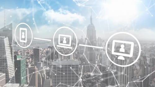 Animation of icons with network of connections over cityscape background
