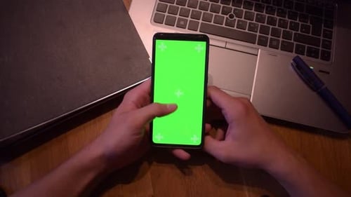 Hands Using Phone with Chroma Key, Office Setting