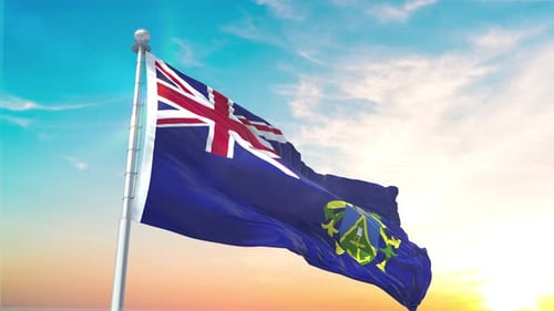 Pitcairn Islands Flag Waving in Wind Against Sunset Sky
