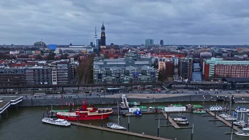 Aerial view revealing port of Hamburg , Germany