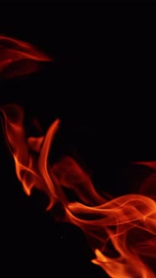 Flame of campfire leaning to the right. Wood burning in the darkness close up. Vertical video