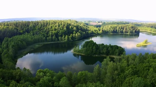Drone flying over a lake with a forest island inside. European natural landscapes.