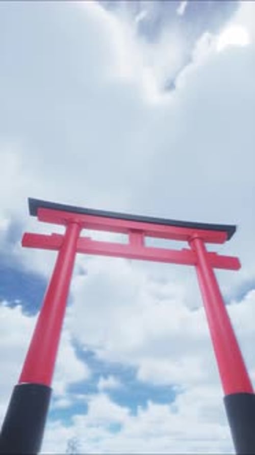 Japanese torii gate with flying clouds in the background. Time lapse. 3D rendering.