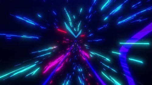Abstract flight of digital neon particles in hyperwarp space in a tunnel. Flying lines at high speed
