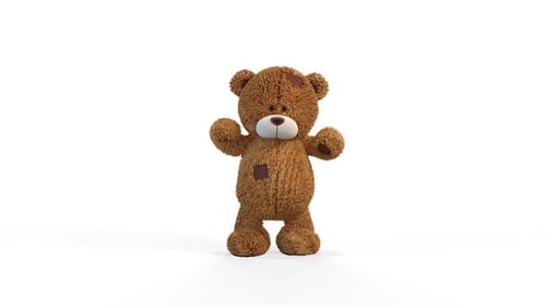 Teddybär tanzt einen Ymca-Tanz auf weißem Hintergrund