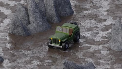 Muddy Trails Adventure: Green Jeep Off-Road in Rocky and Muddy Terrain. 3D Animation