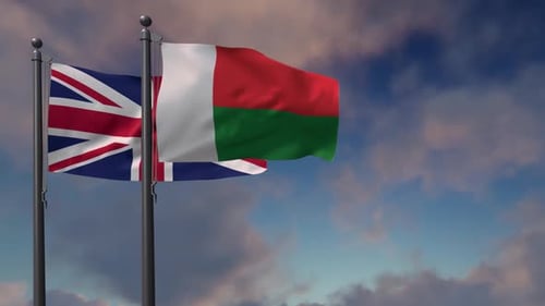 Drapeau de Madagascar agitant avec le drapeau national du Royaume-Uni - 2K
