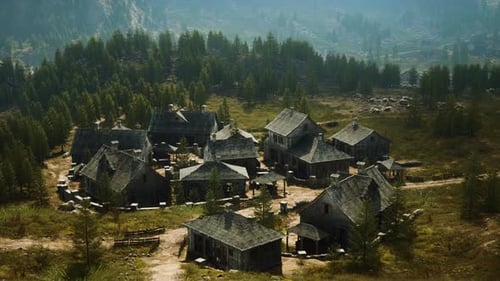 Aerial View of a Rustic Forest Village in Mountains