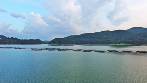 Fishing Cages for Breeding Fish in Lake in Mountain Valley of Rhodope Mountains Under Cloudy Sky