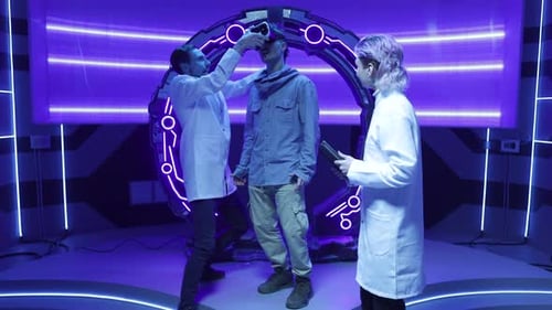 Worried and Shocked Gamer Using VR Equipment in Futuristic Interior