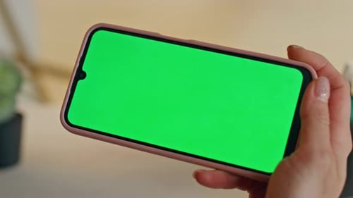 Girl Finger Tapping Chromakey Phone at Office Closeup Lady Holding Cellphone