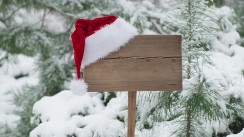 Festive Santa Hat on Sign in Snowy Forest