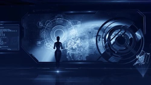 Futuristic Data Interface with AI Robot and Global Network Display