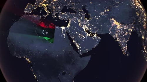 Realistische digitale Erdumlaufbahn und Zoom, leuchtende Landesflagge, eingebettet in die Grenzen Libyens