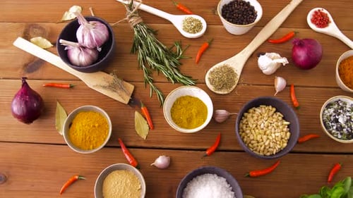 Food Culinary and Eating Concept - Different Spices on Wooden Table Bowl