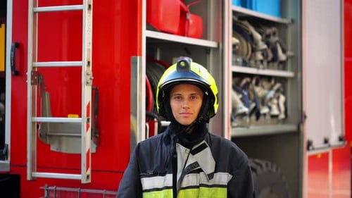 Female Firefighter Standing Next to a Fire Truck