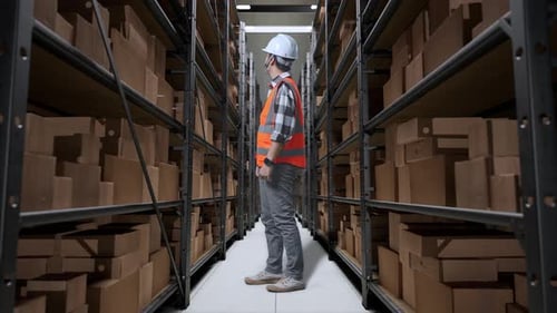 Asian Male Engineer Looking Around To Check The Stock On Racks In The Warehouse