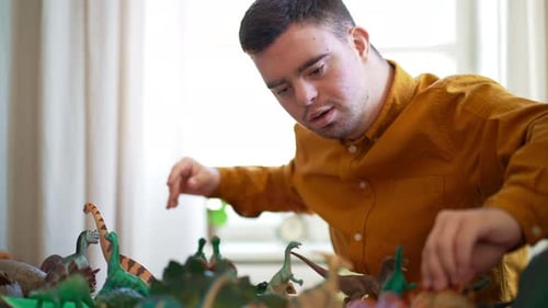 Man playing with toy dinosaurs at home