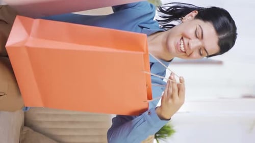 Woman Smiling with Shopping Bags Indoors