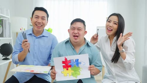 Happy Friends Painting Colorful Puzzle Pieces