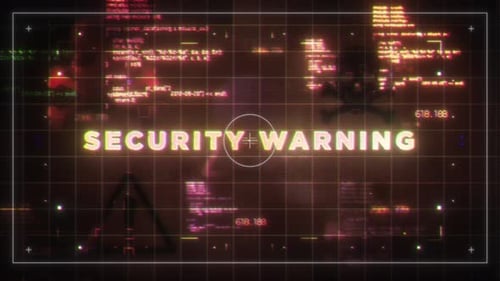 Glitch Security Warning Screen with Skulls and Digital Code
