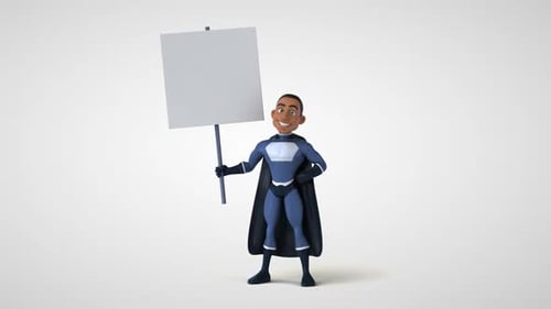 Animated African American Superhero Holding a Blank Sign