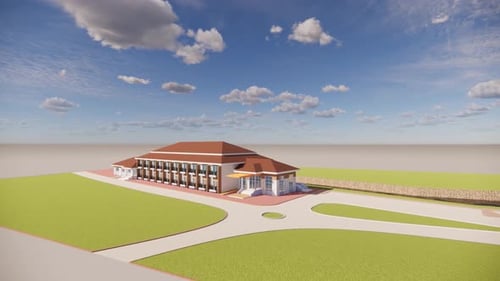 Large building with red roof on green field