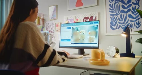 Girl Types Text Prompt in AI Video Generator on Computer AI Video Creation Technology