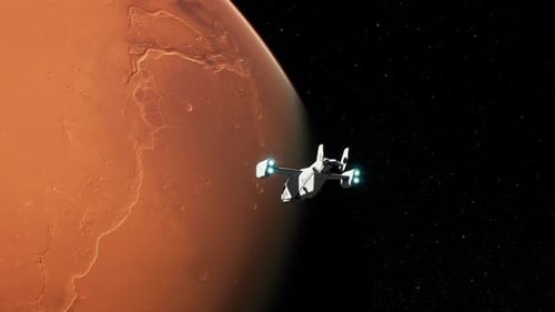 3D Spaceship Animation Flying Over Red Planet Mars
