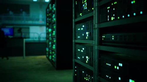 Big Data Dark Server Room with Bright Equipment
