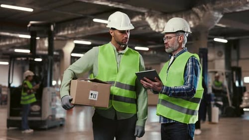Reifer Chef zeigt Arbeitnehmern per Tablet Arbeitsdetails, fokussierte Arbeiter, die Helme und Westen tragen