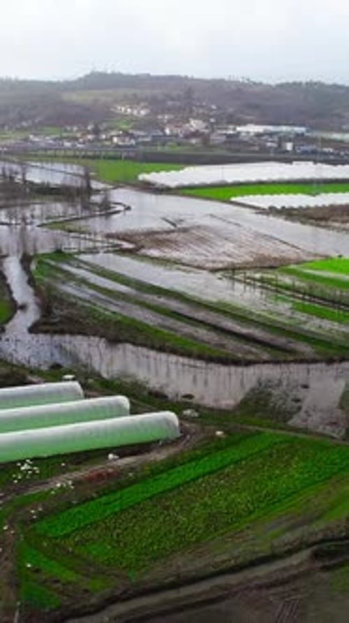 Flooded Farmlands Aerial View in Rural Landscape